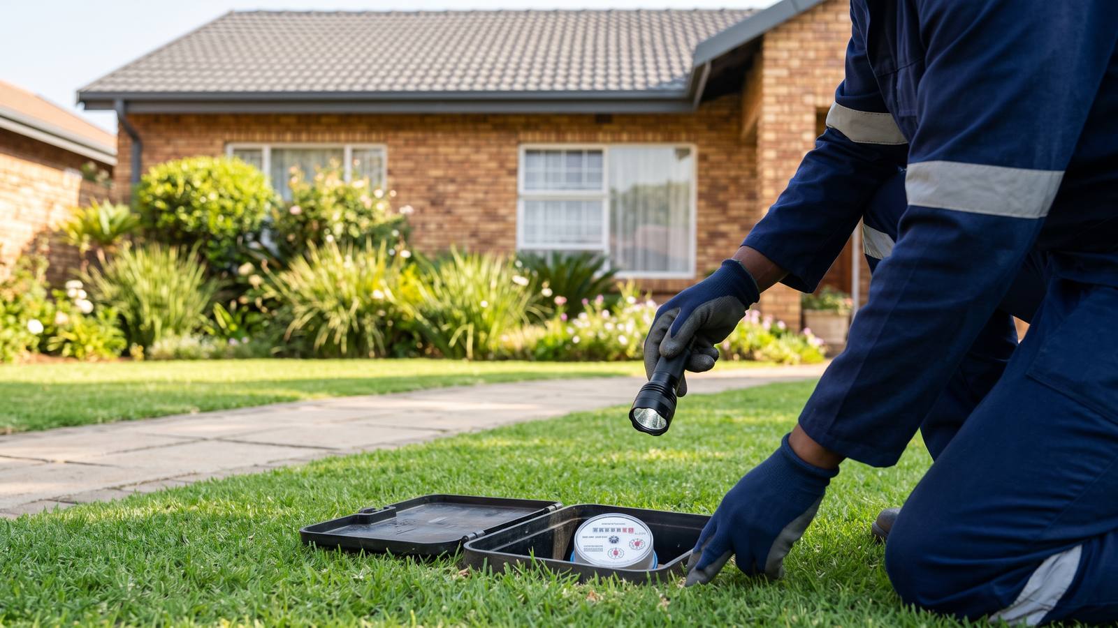 Hands holding a torch over an open municipal water meter box in a neat front garden, reading the dial to check for a hidden leak.