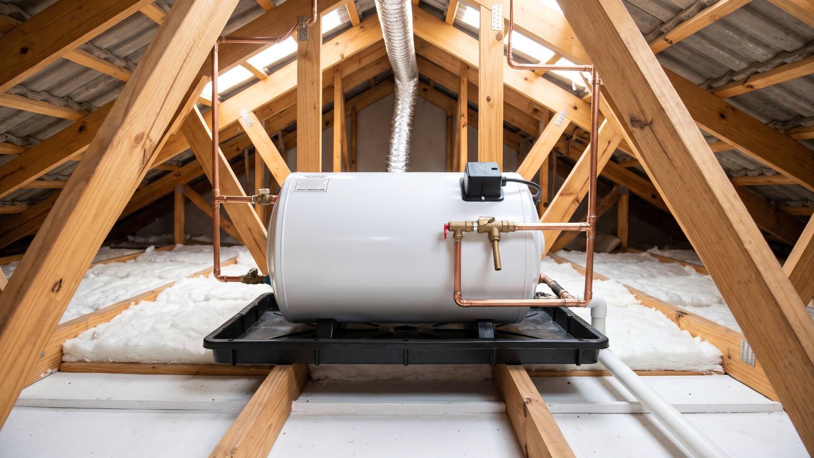 A white horizontal electric geyser on a drip tray in a clean roof space, with copper pipework, valves and a drain pipe leading out through the roof timbers.