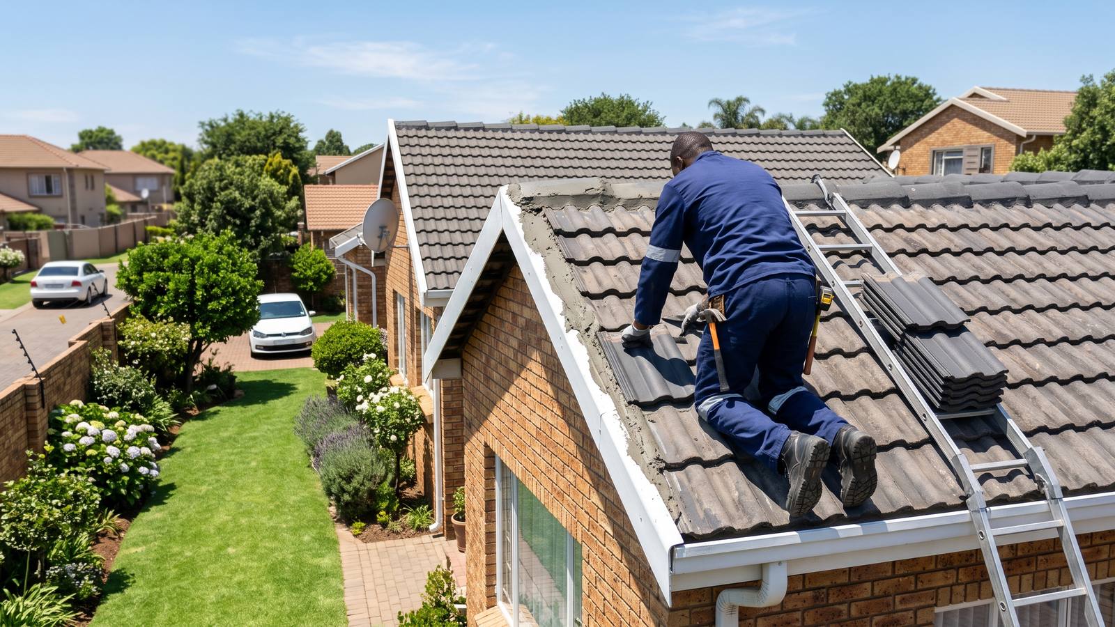 A roofer in navy overalls, seen from behind, fitting replacement concrete roof tiles and re-bedding the ridge on a tidy East Rand home.