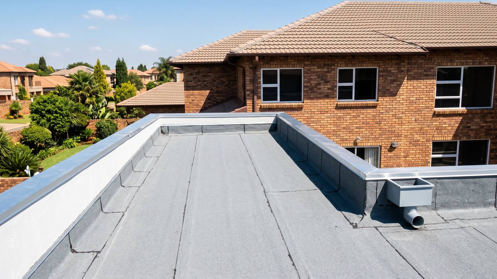 A new grey torch-on waterproofing membrane on a flat concrete roof, dressed up a parapet wall to a neat aluminium flashing, with a box gutter outlet.
